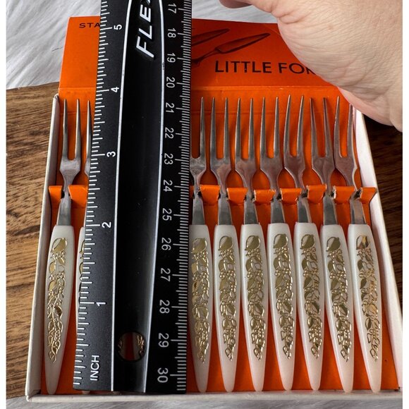 Vtg Stainless Steel Little Forks Set Of 12 With Ornate Handles In Original Box - Picture 7 of 7